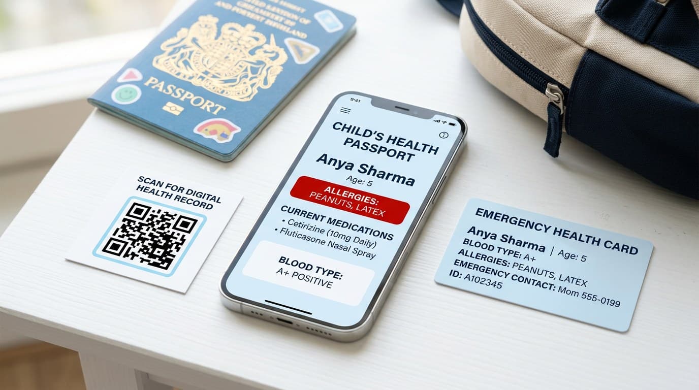 A child's health passport on a phone next to a QR scan card, emergency health card, passport and travel bag.